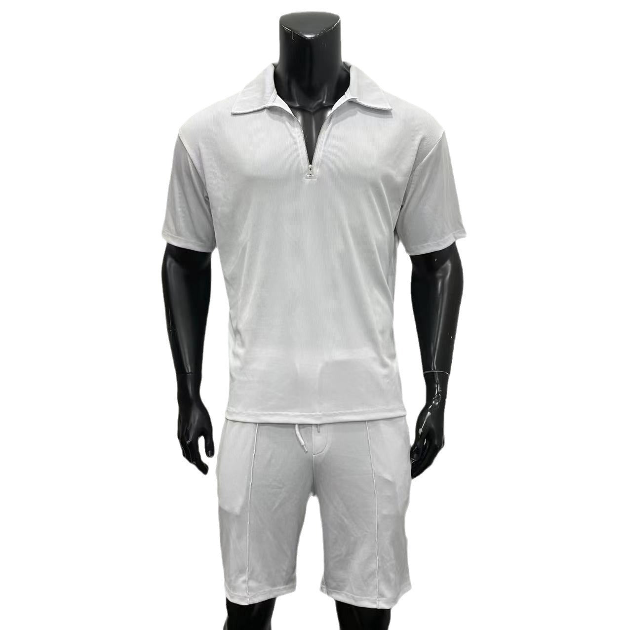 Summer Fashion Mens Clothing  Men's Suits New Zipper Polo Casual Short Sleeve Drawstring Shorts Men's Set