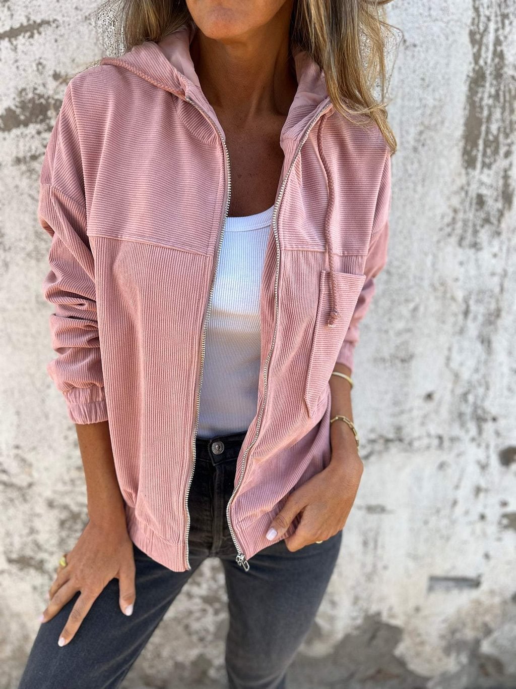 Corduroy Hooded Zip-up Jacket With Pockets Fashion Casual Drawstring Tops Outerwear Women's Clothing